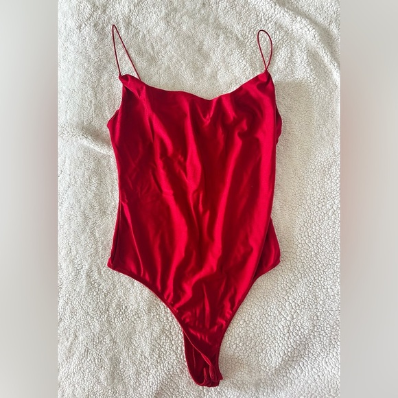 Lulus Red Satin Bodysuit Cowl Neckline - Picture 1 of 6